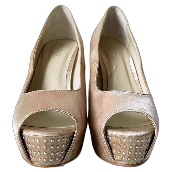 Aldo Gold Satin Rhinestone Peep Toe Platform Pumps Heels - Women's Size 8 - Picture 2 of 9
